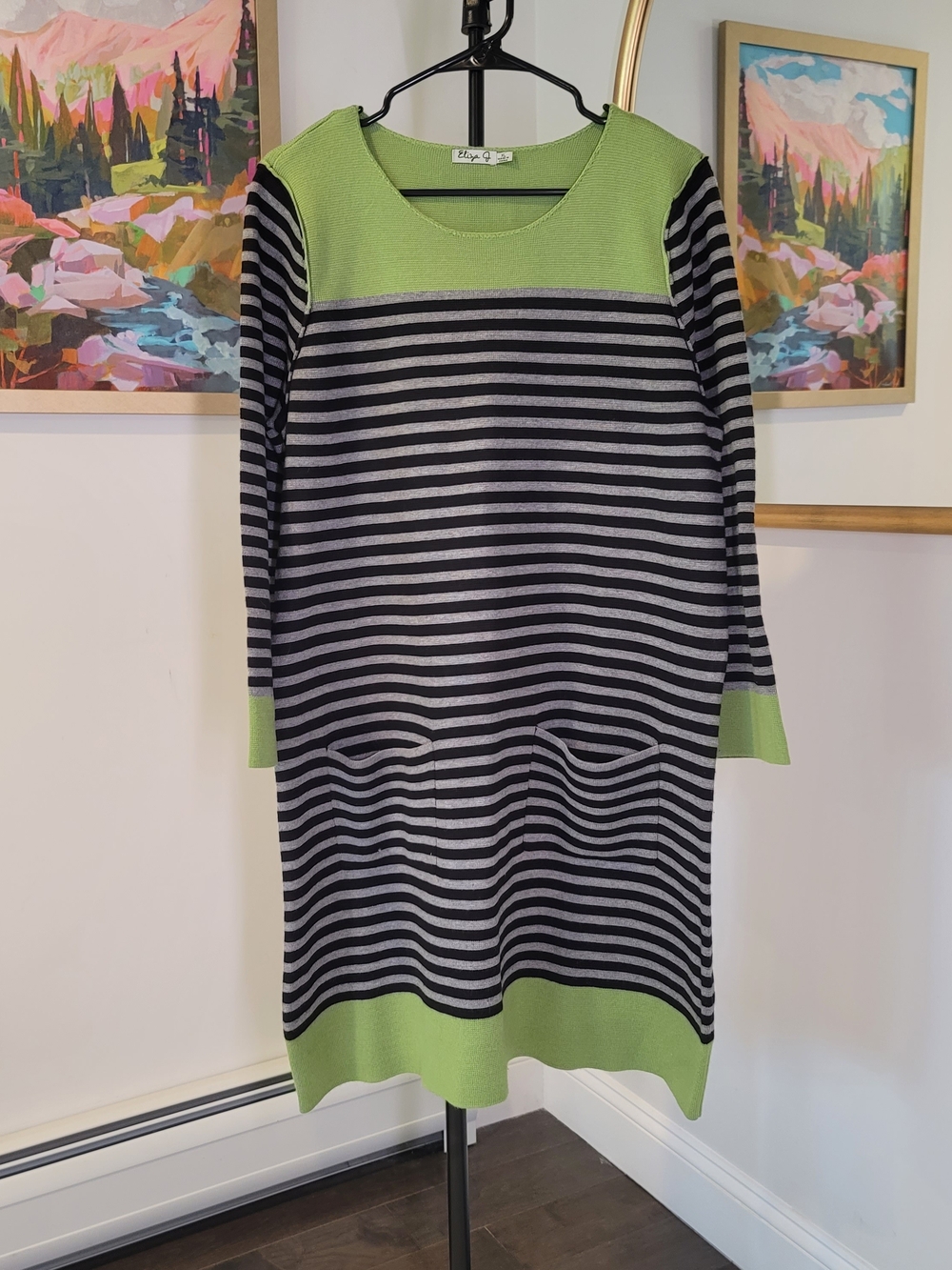 Preppy Nautical Black Gray Stripe Sweater Dress Lime Green Trim Women's Size XL